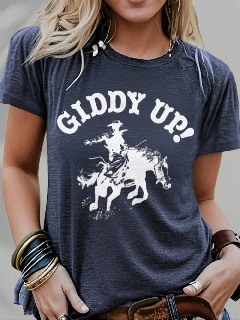 WESTERN Heathered Blue Crewneck Graphic Print GIDDY UP Tee Shirt - Picture 1 of 5